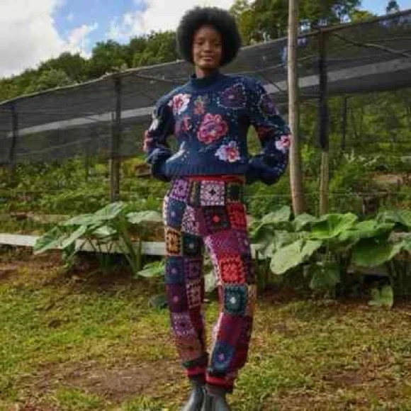 NWT FARM RIO Mosaic crochet granny square Colorful Patchwork Knit Pants medium